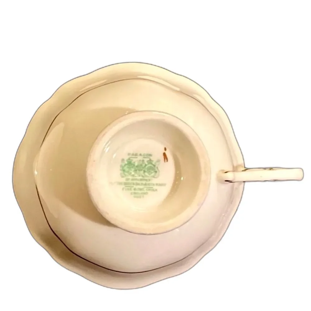 Vintage 1940s Paragon Double Warrant Bone China Green Cabbage Rose Cup & Saucer